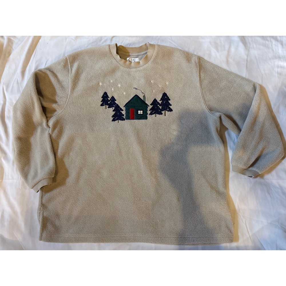 C.J. Banks Fleece Sweatshirt Womens 1X Beige Excellent Cabin Embroidered Top